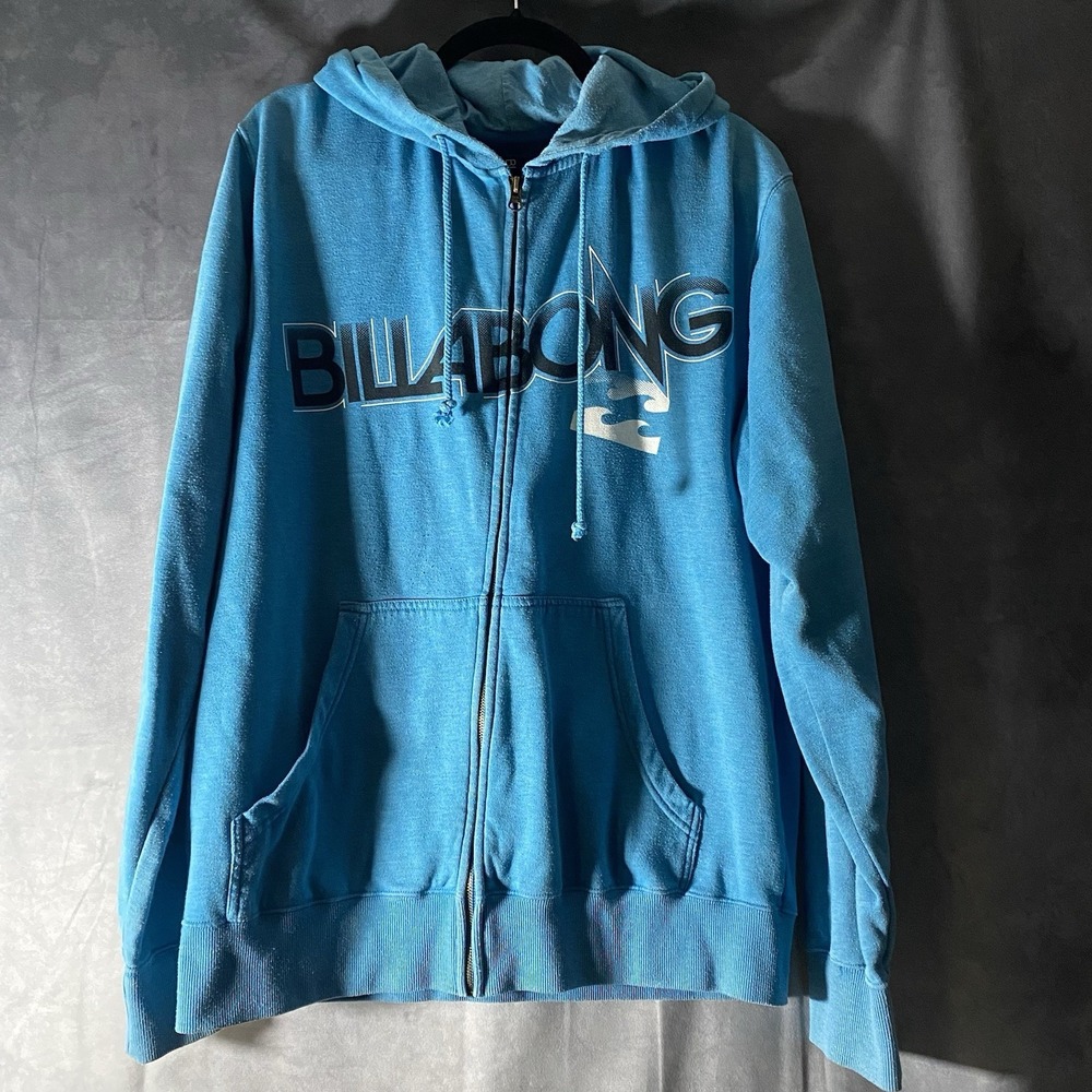Billabong Hoodie XL Blue Full‎ Zip Sweatshirt Surf Skate Y2K Large Print Logo